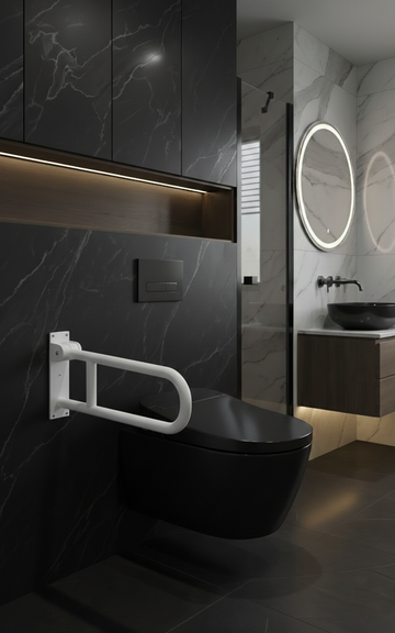 folding grab bar, safety grab bar, toilet support handle, handicap grab bar, elderly safety handle, stainless steel grab bar, matte black grab bar, gold grab bar, mht pak, bathroom safety