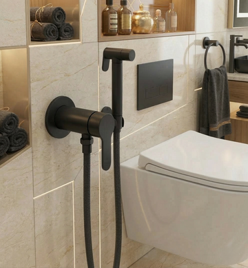 "Black toilet shower mixer with hot and cold water" "Stainless steel bidet sprayer mixer for bathroom" "Muslim shower mixer installed next to toilet" "Wall-mounted toilet shower mixer Pakistan" "Bathroom accessories set with toilet shower mixer"