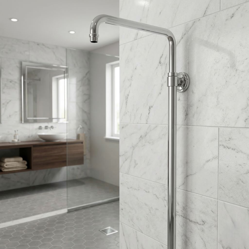 Polished Chrome / Silver: Adjustable shower extension rod arm in polished chrome silver finish, MHT PAK.