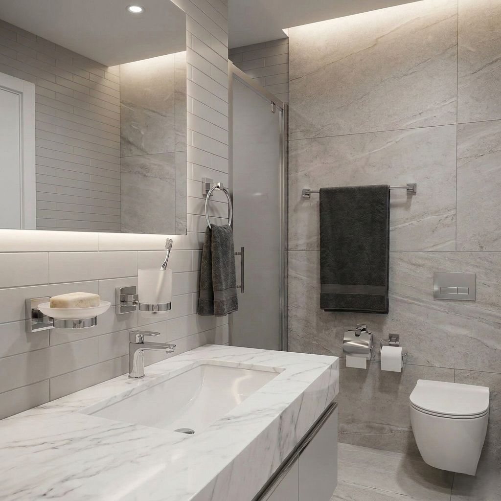 Polished Chrome / Silver: Complete modern bathroom accessories set in polished chrome finish, silver hardware set by MHT PAK.