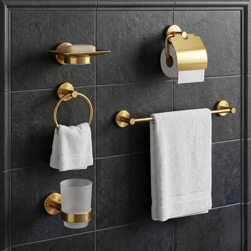 Gold Chrome: Luxury gold chrome bath accessories set, complete elegant bathroom hardware set by MHT PAK.