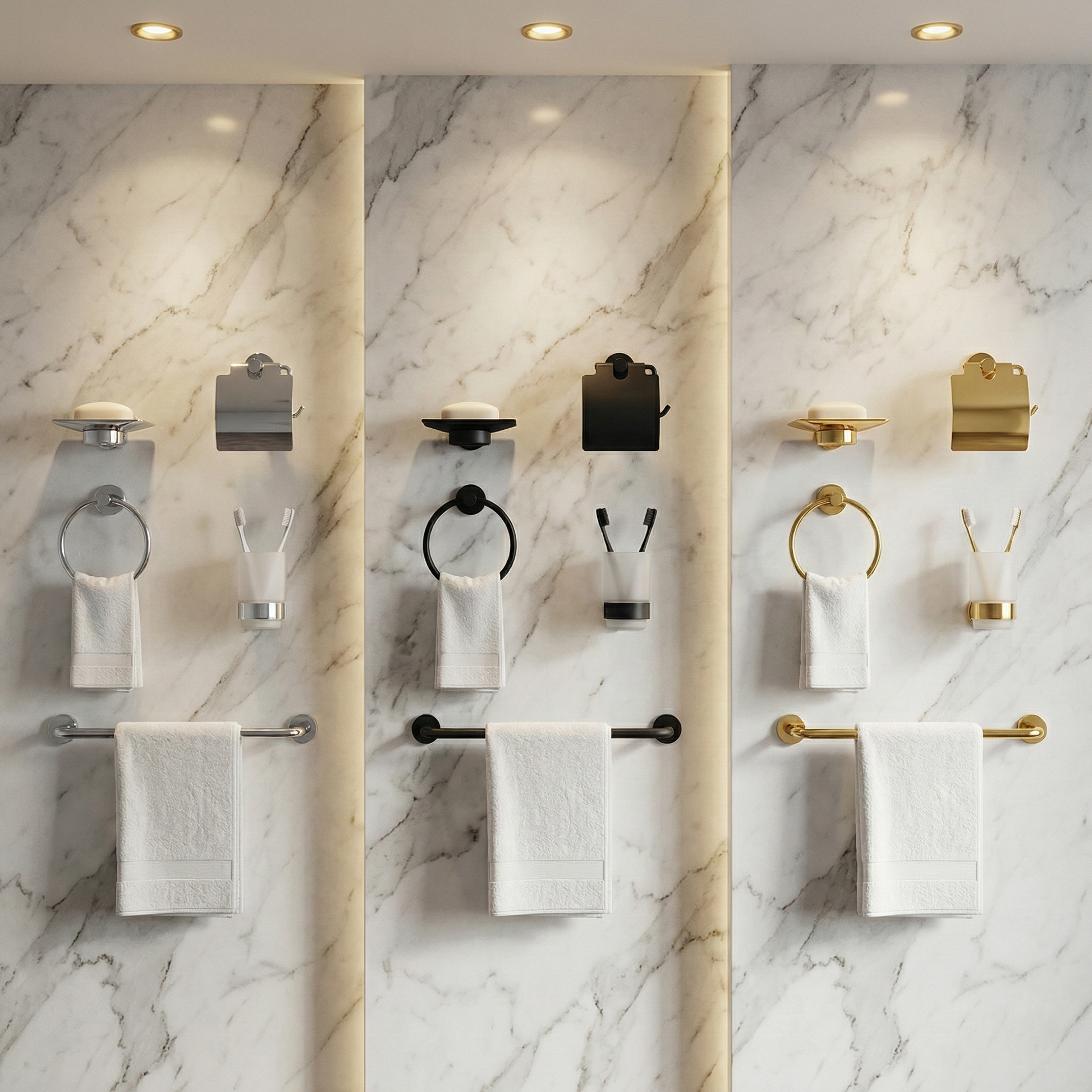 Polished Chrome / Silver: Complete modern bathroom accessories set in polished chrome finish, silver hardware set by MHT PAK.