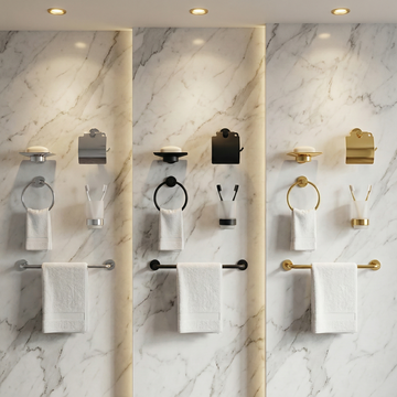 Polished Chrome / Silver: Complete modern bathroom accessories set in polished chrome finish, silver hardware set by MHT PAK.
