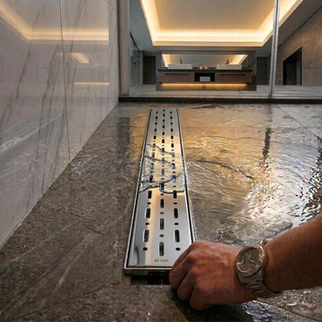Flow Dain 12", 24", 36",48"/ Customisation Available 
Polished Chrome / Silver: Fast water drainage linear bathroom drain grate in polished silver stainless steel, MHT PAK.