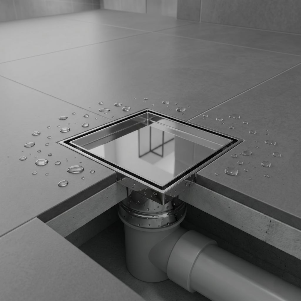 Polished Chrome / Silver: 6x6 stainless steel floor drain with joint in polished silver finish for bathroom shower, MHT PAK.