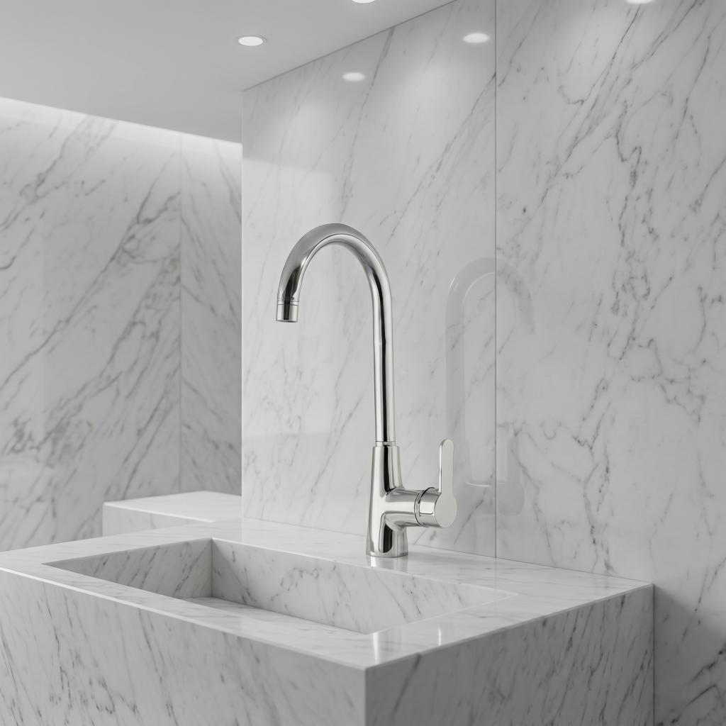Polished Chrome / Silver: Top-mounted kitchen sink mixer faucet in polished chrome silver, deck-mounted tap, MHT PAK.