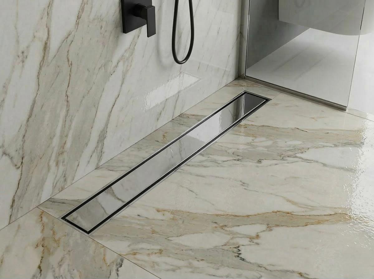 Modern invisible stainless steel tile insert flow drain in polished silver rim finish, MHT PAK.
