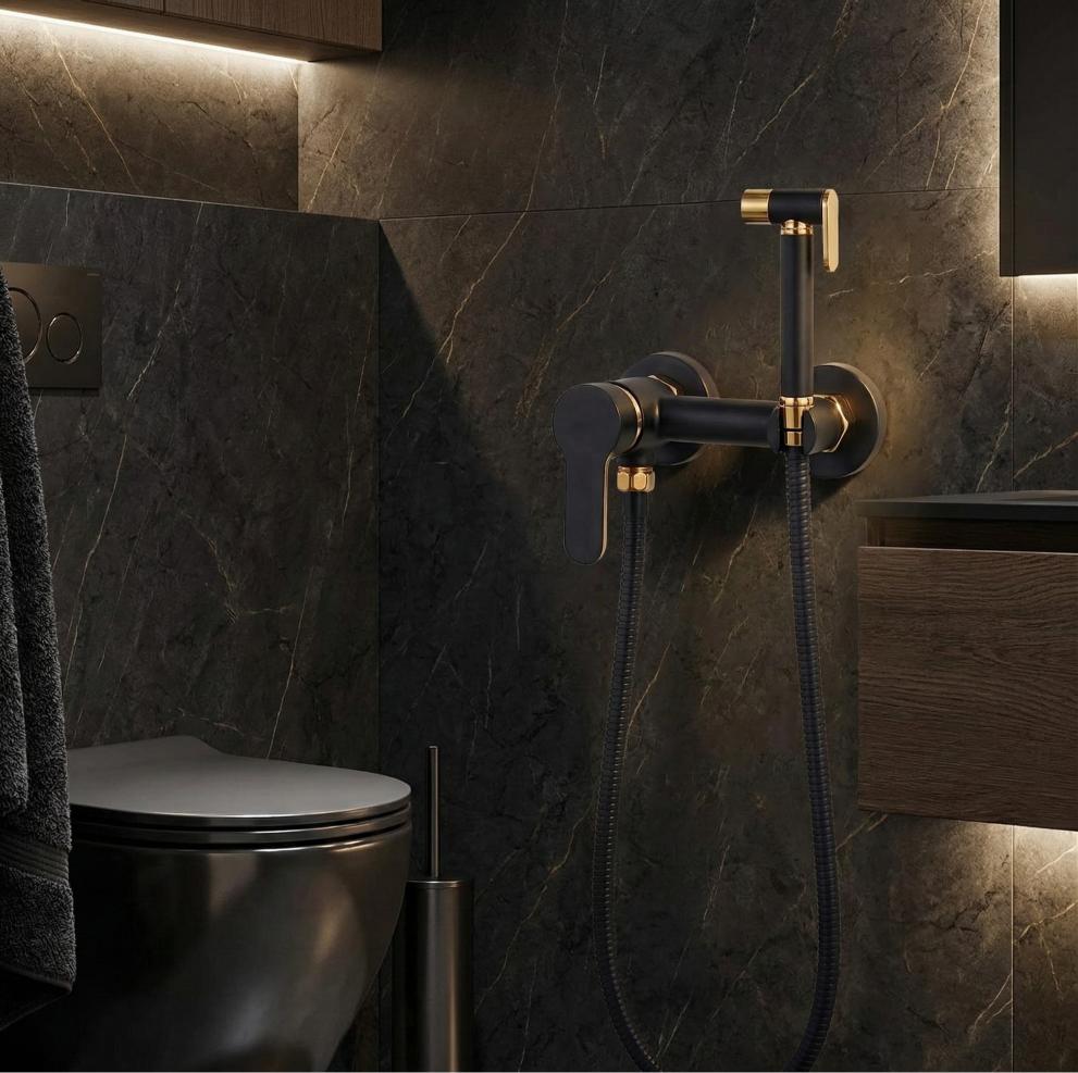 Modern matte black & Gold temperature control toilet shower mixer, smart bidet valve upgrade, MHT PAK.