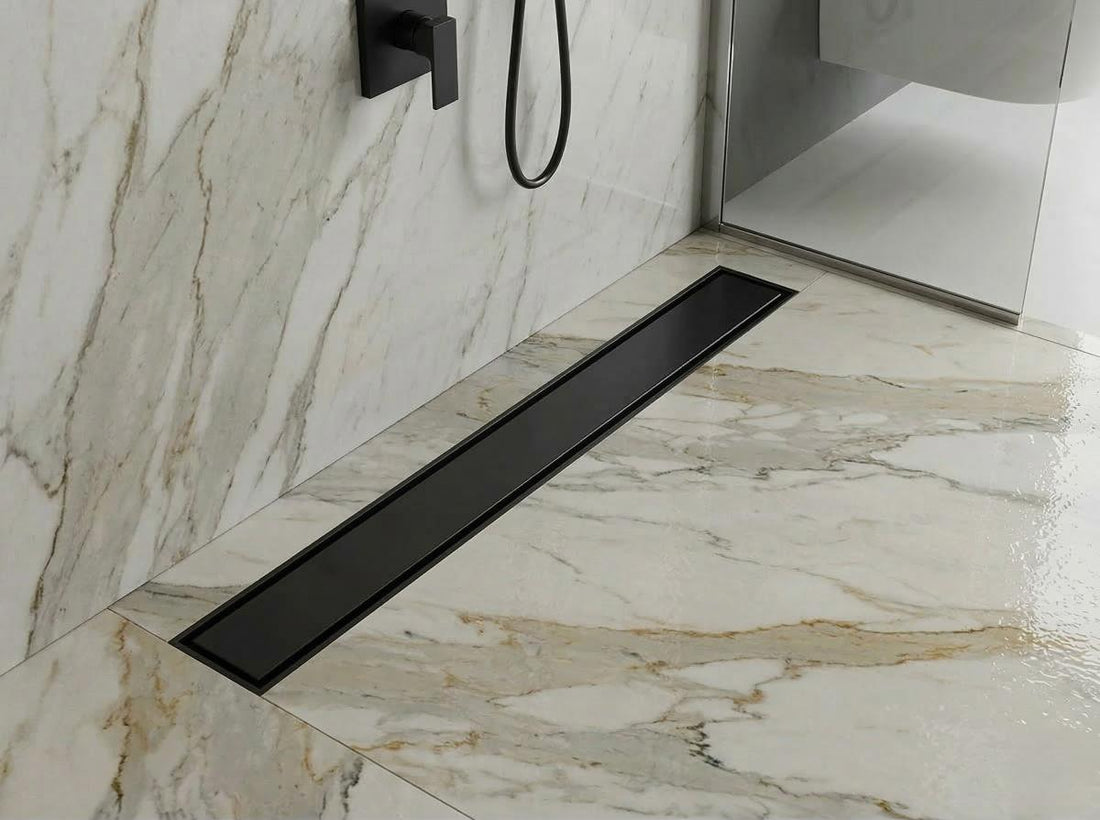 Modern invisible stainless steel tile insert flow drain in polished silver rim finish, MHT PAK.