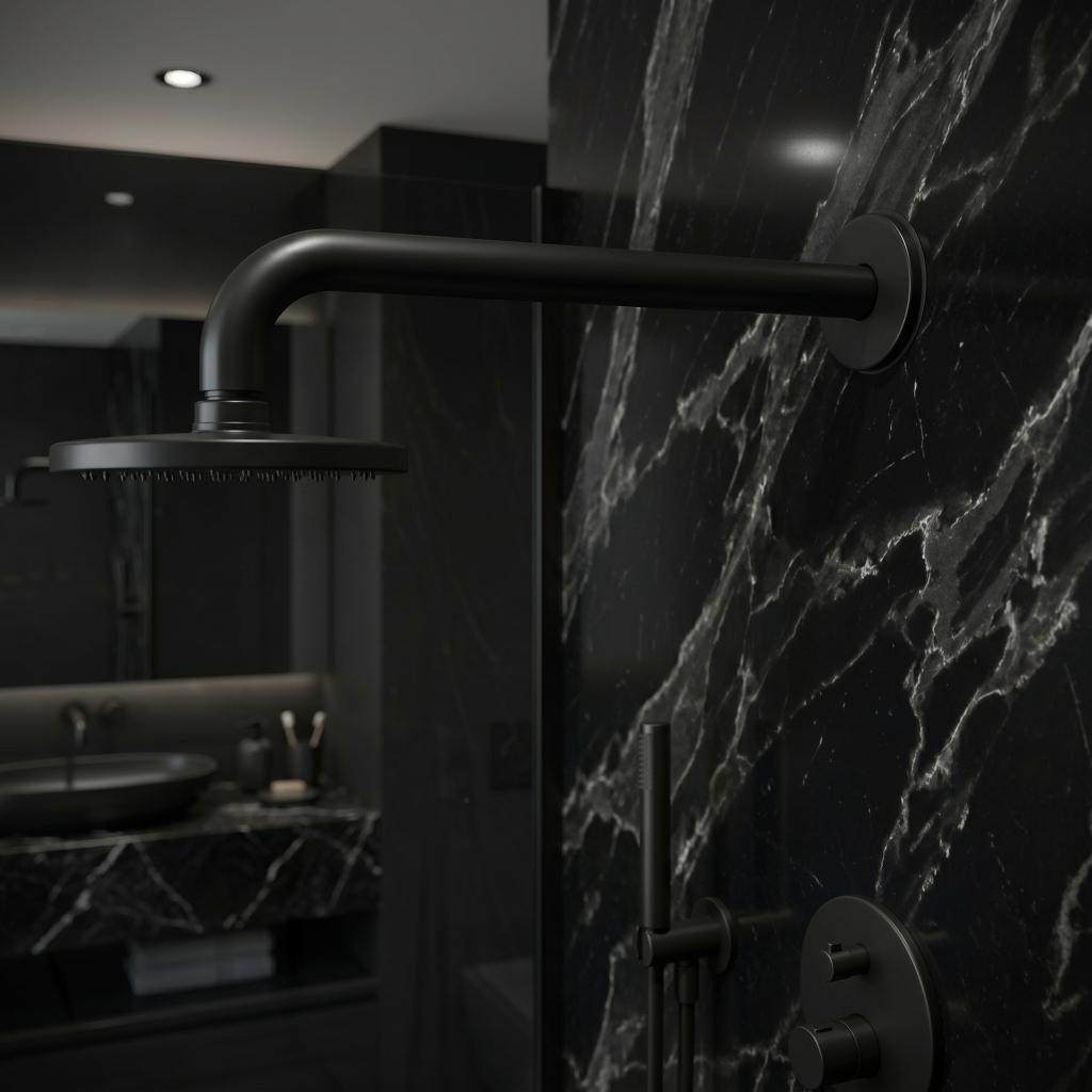 Brass concealed shower arm Pakistan, Chrome black gold shower arm, Ultra luxury concealed arm, Modern bathroom hardware Pakistan, Premium brass shower fittings, Gold chrome black mixer arm, Concealed shower arm design, Luxury plumbing fixtures Pakistan, Elegant brass shower arm, Black gold bathroom accessories.