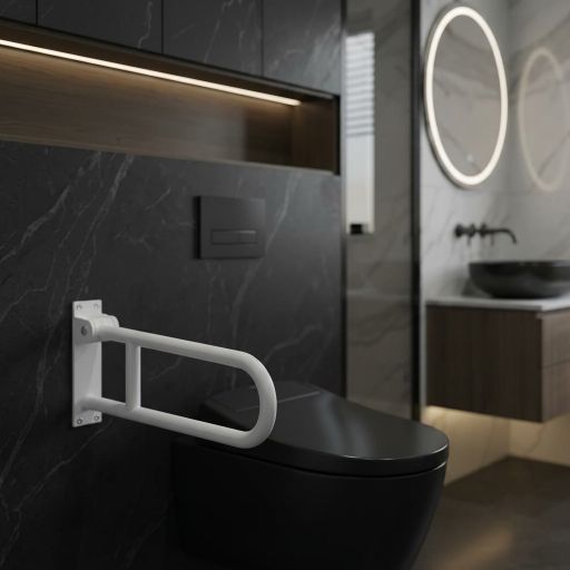 MHT anti slip white nylon coated stainless steel folding safety grab bar handle for senior citizens medical support in home toilets and hospitals in Pakistan