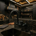 Black Matte: Modern matte black wall-mounted sink mixer, sleek kitchen or bathroom vanity faucet, MHT PAK.