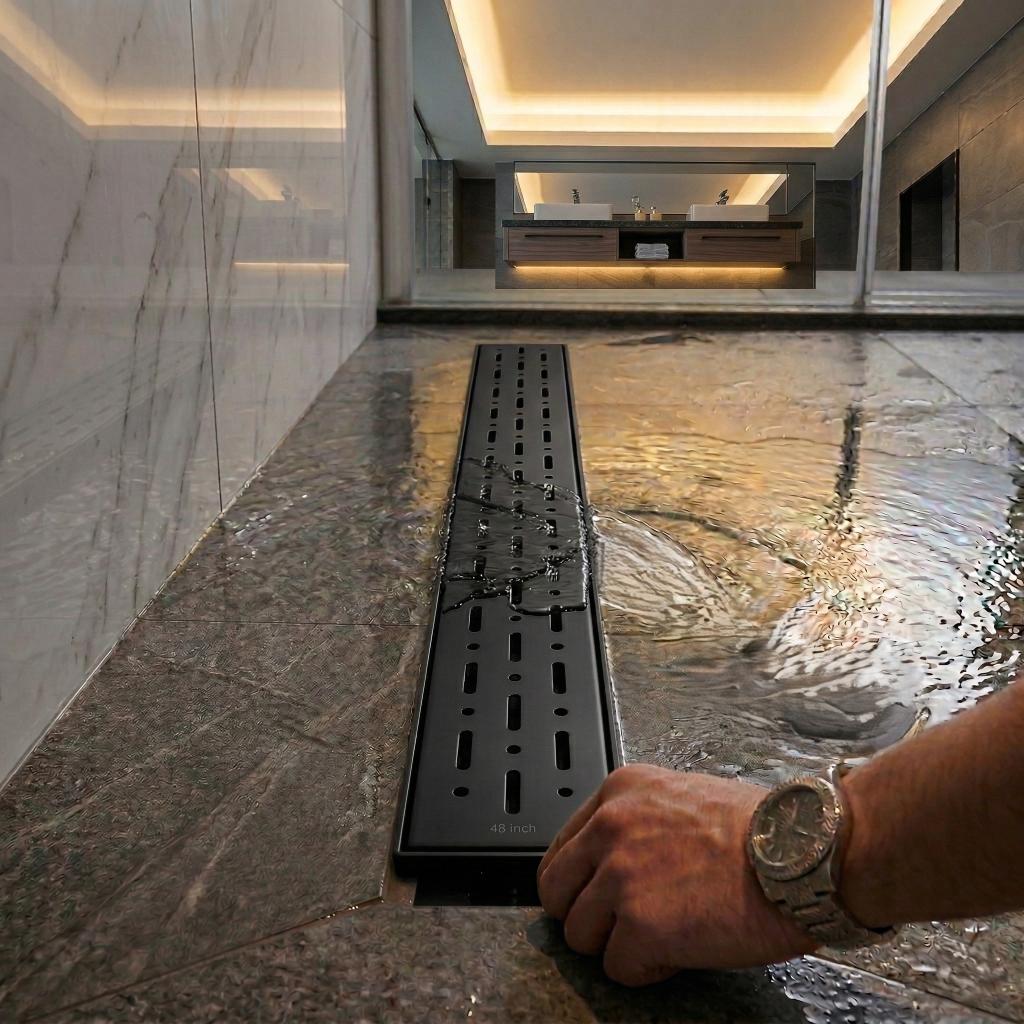 Flow Dain 12", 24", 36",48"/ Customisation Available 
Polished Chrome / Silver: Fast water drainage linear bathroom drain grate in polished silver stainless steel, MHT PAK.