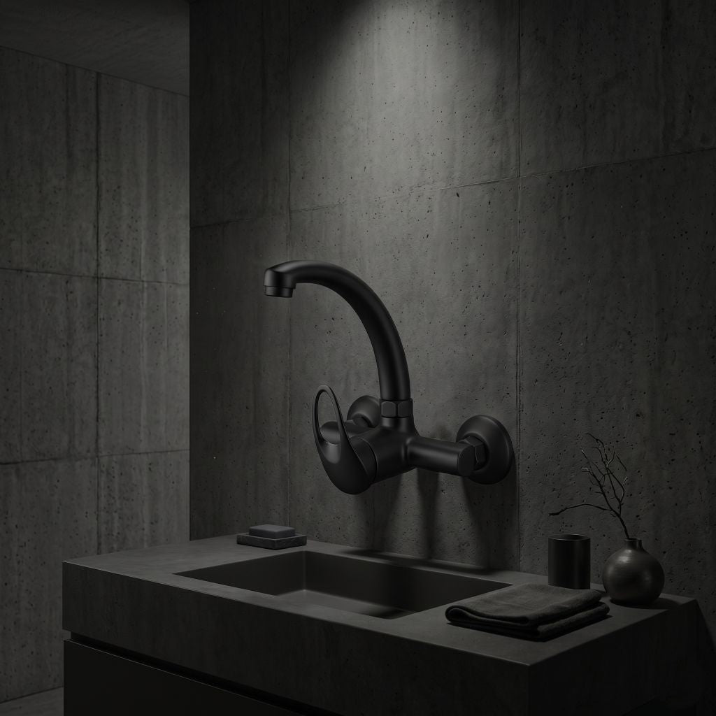 Polished Chrome / Silver: Wall-mounted kitchen sink mixer faucet in polished chrome silver finish, MHT PAK.