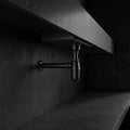 Black Matte: Modern brass bottle trap in matte black finish for premium bathroom sink vanity, MHT PAK.