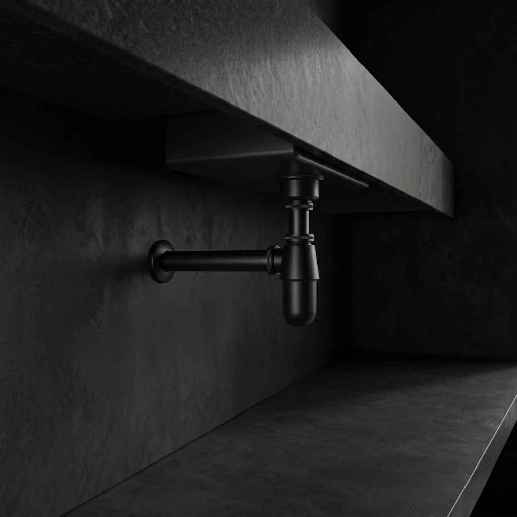 Black Matte: Modern brass bottle trap in matte black finish for premium bathroom sink vanity, MHT PAK.