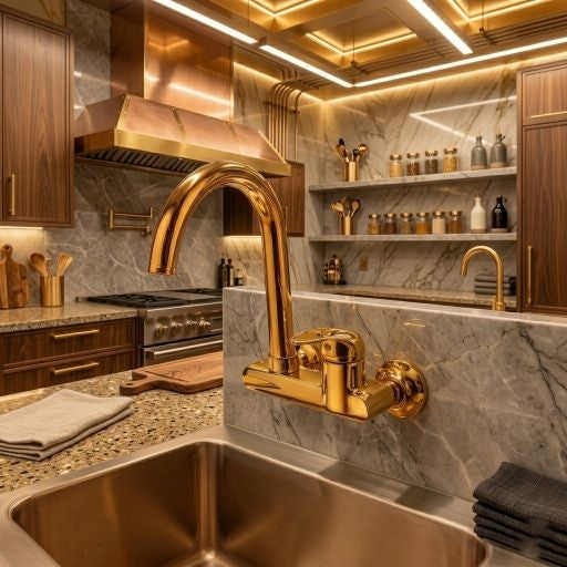 Gold Chrome: Luxury gold chrome wall-mounted kitchen sink mixer tap for premium home interior, MHT PAK.