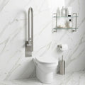 MHT space saving flip-up bathroom safety rod support rail in polished chrome silver finish installed on white marble wall tiles for handicap toilet safety
MHT vertical folding grab bar handle in folded up position showing heavy duty space saving design for small luxury washrooms and commode areas