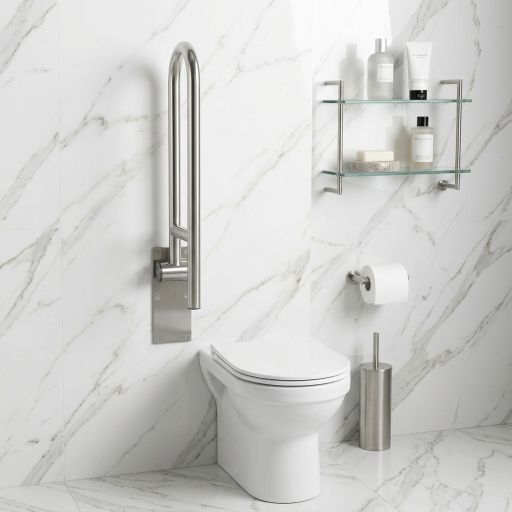MHT space saving flip-up bathroom safety rod support rail in polished chrome silver finish installed on white marble wall tiles for handicap toilet safety
MHT vertical folding grab bar handle in folded up position showing heavy duty space saving design for small luxury washrooms and commode areas