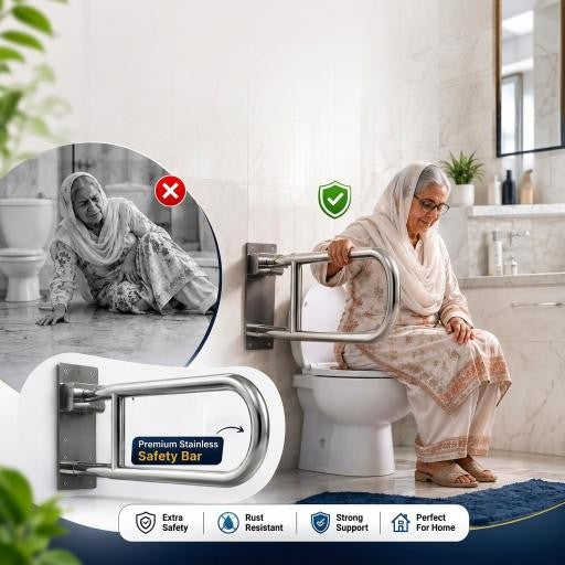 This Grab Bar Specially For Old Persons
Stainless steel folding grab bar in polished silver for elderly toilet safety support, MHT PAK.