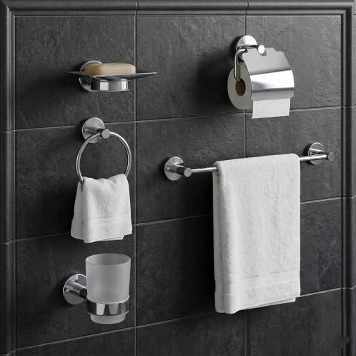Polished Chrome / Silver: Complete modern bathroom accessories set in polished chrome finish, silver hardware set by MHT PAK.