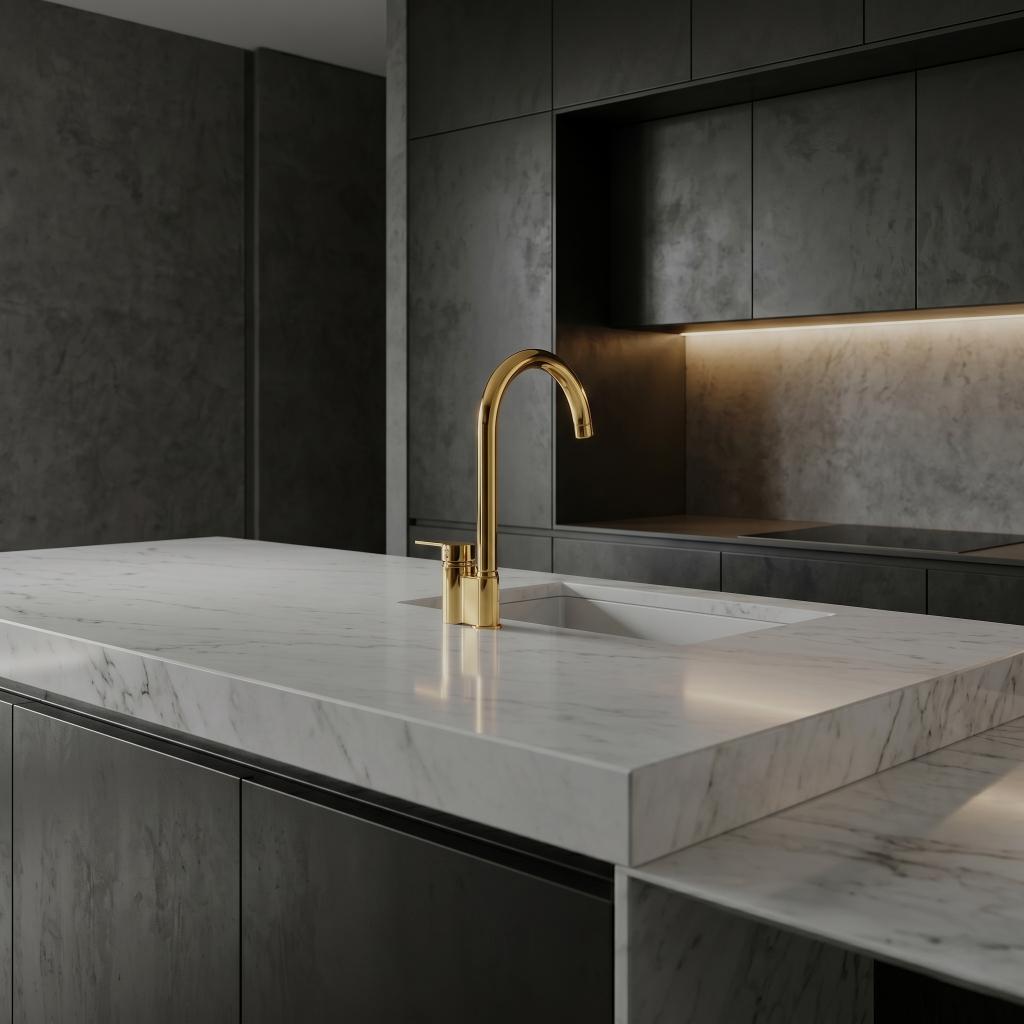 Gold Chrome: Luxury gold chrome top-mounted kitchen mixer faucet for elegant kitchen interior, MHT PAK.