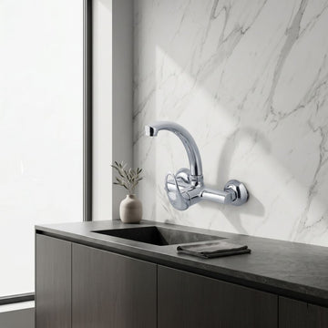 Polished Chrome / Silver: Wall-mounted kitchen sink mixer faucet in polished chrome silver finish, MHT PAK.