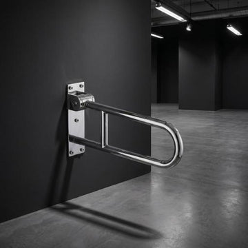Polished Chrome / Silver: Stainless steel folding grab bar in polished silver for elderly toilet safety support, MHT PAK