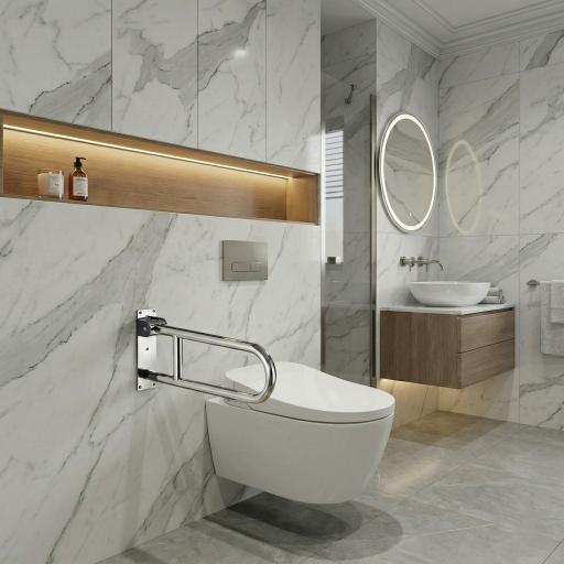 Stainless steel folding grab bar in polished silver for elderly toilet safety support, MHT PAK.