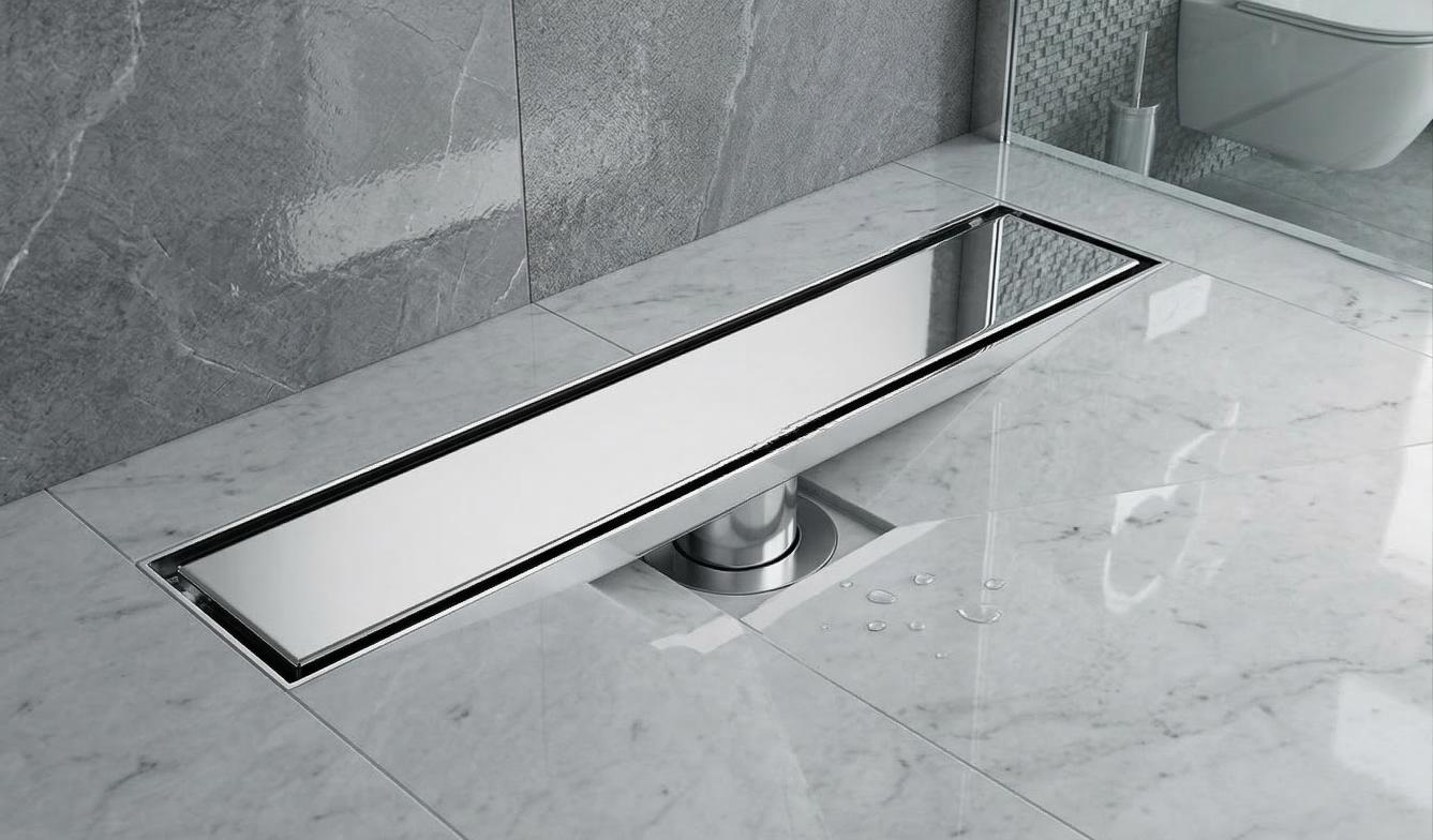Modern invisible stainless steel tile insert flow drain in polished silver rim finish, MHT PAK.