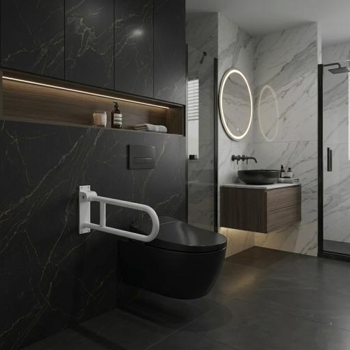 Modern matte white folding grab bar, wall-mounted handicap toilet support safety handle, MHT PAK.