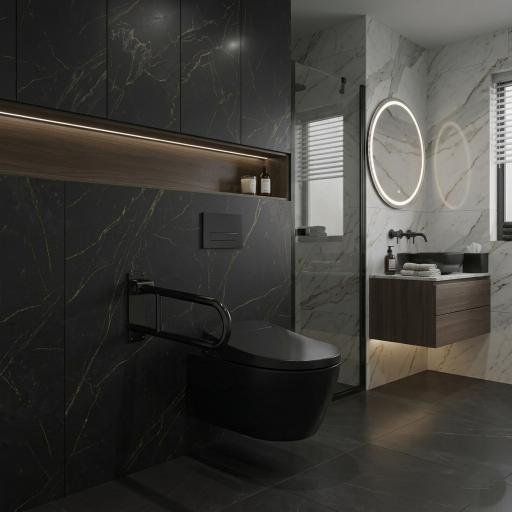 Modern matte black folding grab bar, wall-mounted handicap toilet support safety handle, MHT PAK.
