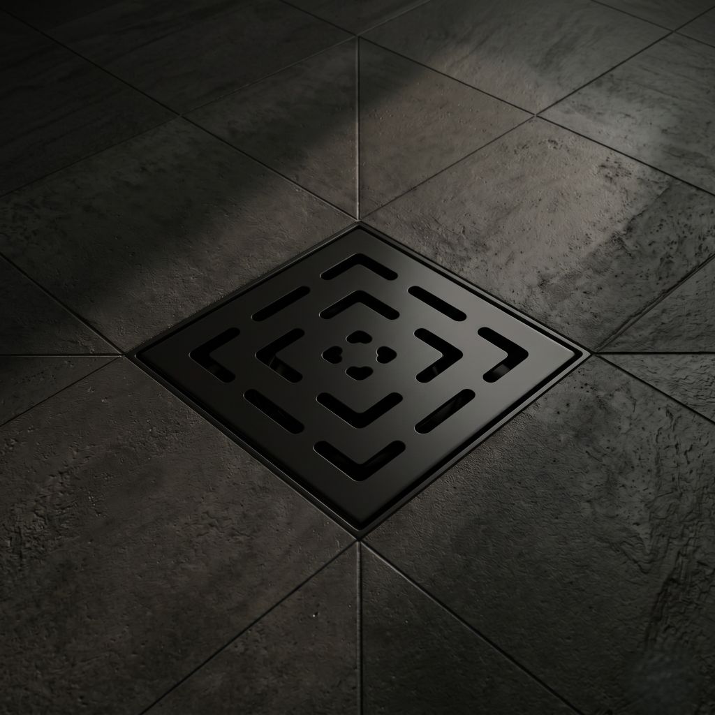 Black Matte: Modern 6x6 square floor drain grate in matte black finish for high flow bathroom drainage, MHT PAK.