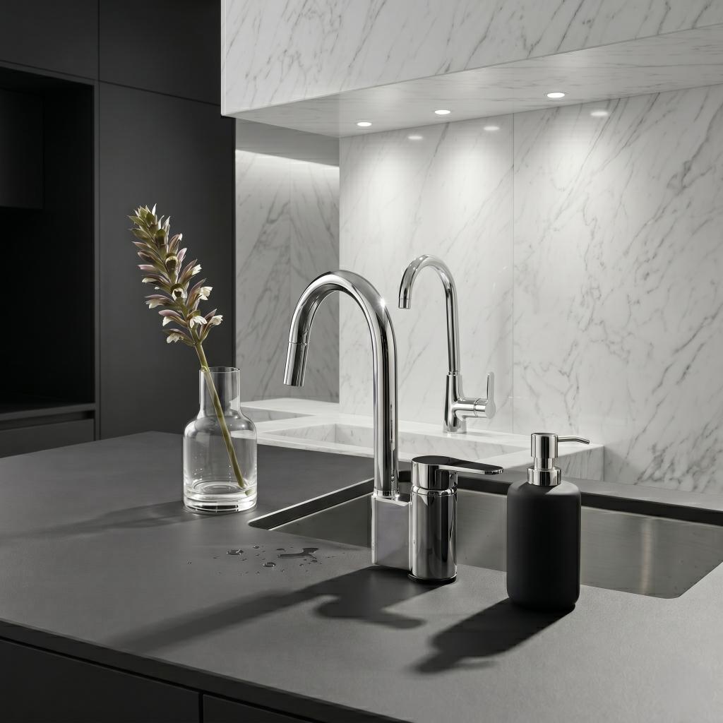 Polished Chrome / Silver: Top-mounted kitchen sink mixer faucet in polished chrome silver, deck-mounted tap, MHT PAK.
