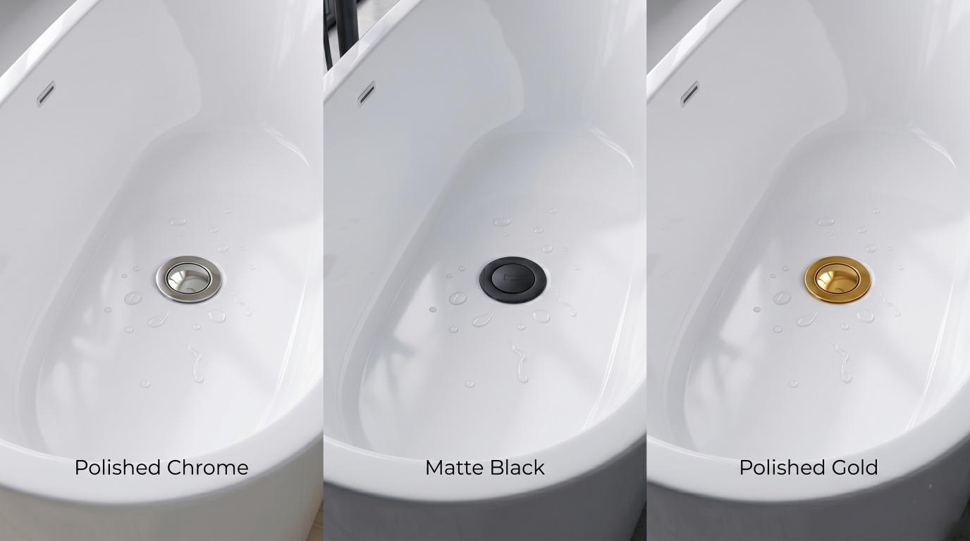 Polished Chrome / Silver: Polished chrome bathtub pop-up waste system, silver jacuzzi tub drain with overflow, MHT PAK.

Black Matte: Modern matte black bathtub waste drain system, sleek pop-up tub drain and overflow mechanism, MHT PAK.

Gold Chrome: Luxury gold chrome bathtub pop-up waste, premium elegant jacuzzi tub drain drainage kit, MHT PAK.