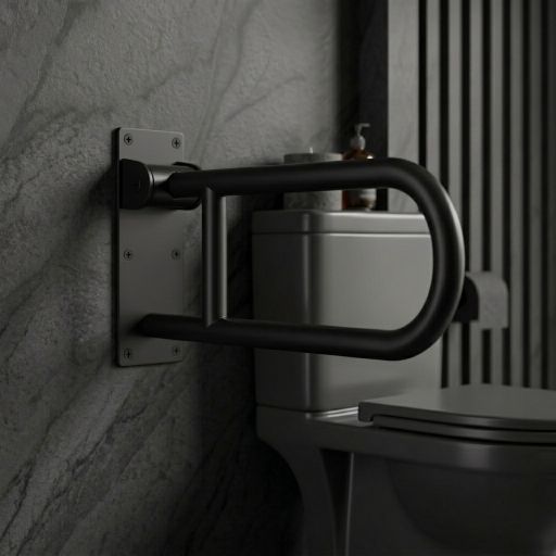 MHT premium matt black wall mounted toilet support rail folding grab bar for modern luxury bathroom interiors with grey or black tile setup