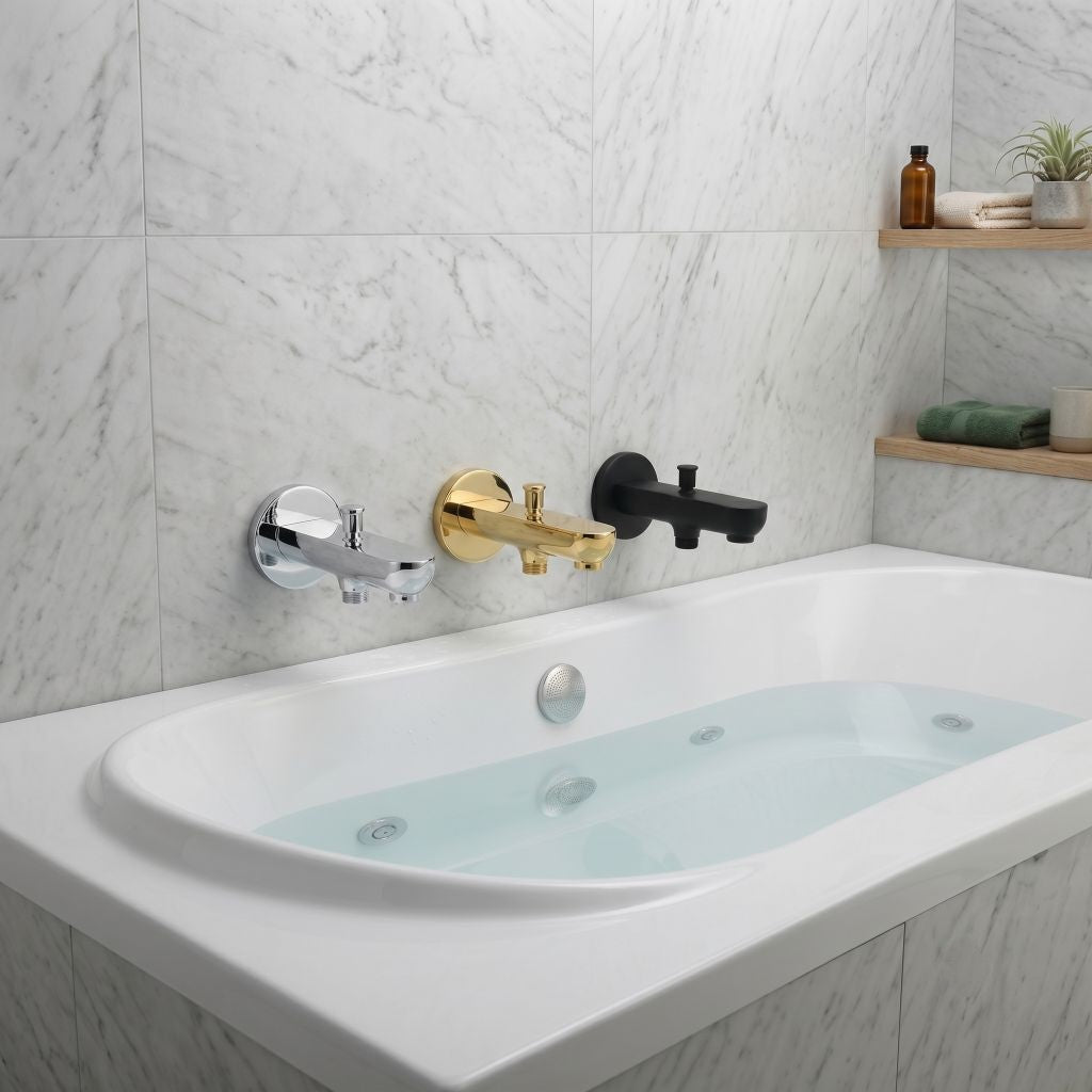 Polished Chrome / Silver: Polished chrome tub filter spout, premium silver jacuzzi bathtub water spout by MHT PAK.

Black Matte: Modern matte black tub filter spout, sleek jacuzzi and bathtub water outlet, MHT PAK.

Gold Chrome: Luxury gold chrome bathtub filter spout, premium jacuzzi water faucet spout, MHT PAK.