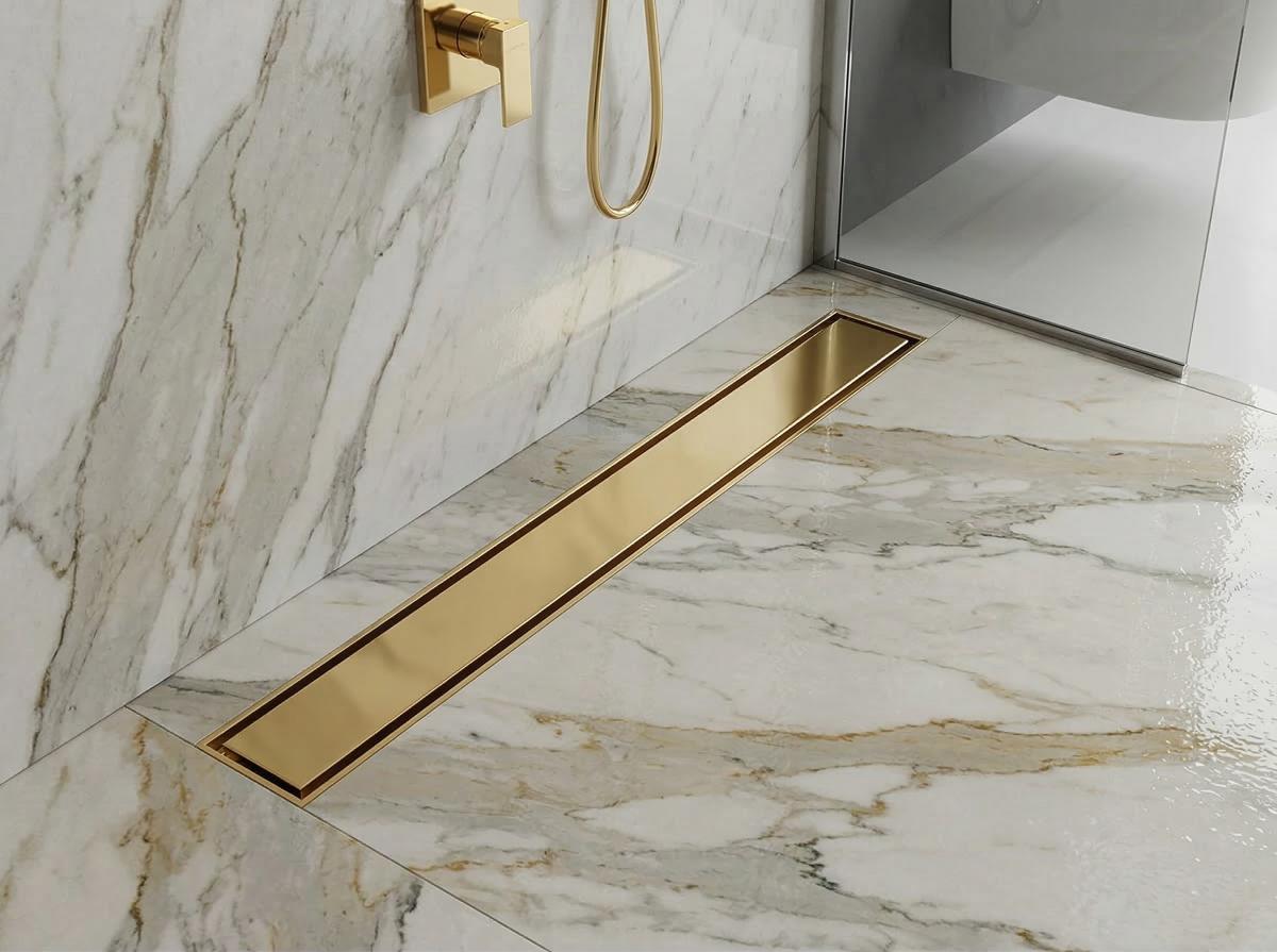 Luxury gold chrome tile insert flow drain for modern invisible bathroom floor design, MHT PAK.