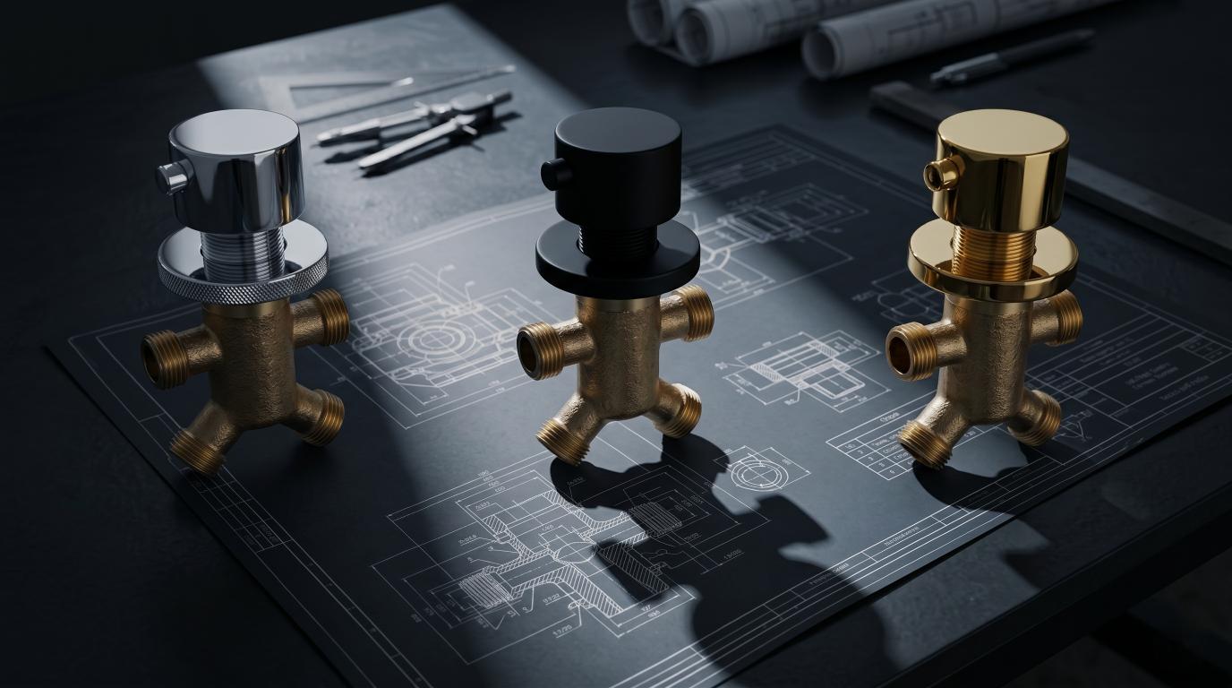 Polished Chrome / Silver: Premium polished chrome jacuzzi control valve, silver multi-way water diverter for luxury bathtubs, MHT PAK.

Black Matte: Modern matte black jacuzzi water control valve, sleek wall-mounted bathroom diverter, MHT PAK.

Gold Chrome: Luxury gold chrome jacuzzi control diverter valve, elegant water flow controller for premium tubs, MHT PAK.