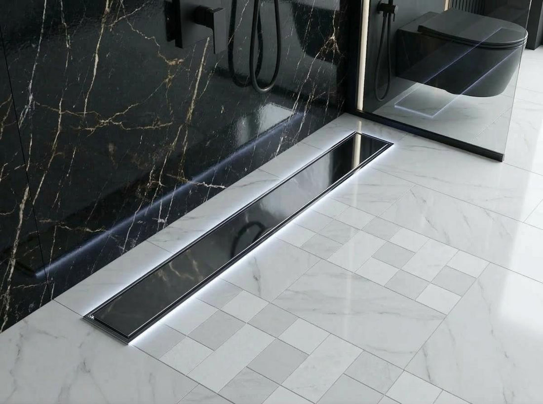 Modern invisible stainless steel tile insert flow drain in polished silver rim finish, MHT PAK.