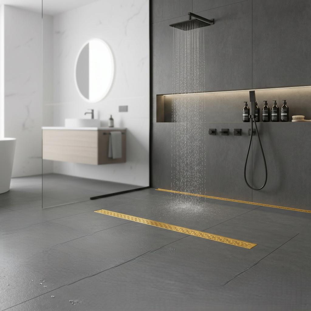 Flow Dain 12", 24", 36",48"/ Customisation Available 
Gold Flow Drain
Gold Chrome: Luxury gold chrome linear bathroom floor drain for elegant high-flow drainage, MHT PAK.