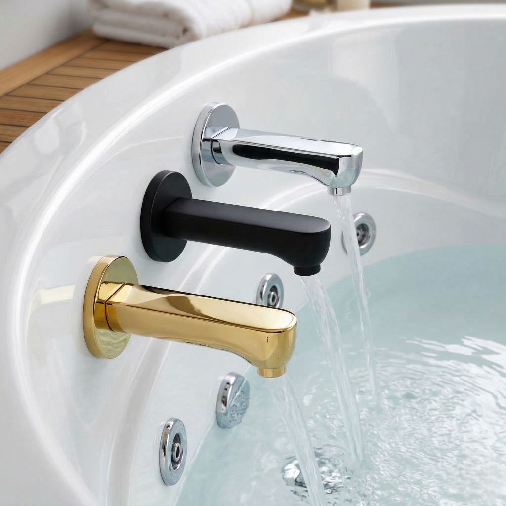 Polished Chrome / Silver: Polished chrome tub filter spout, premium silver jacuzzi bathtub water spout by MHT PAK.

Black Matte: Modern matte black tub filter spout, sleek jacuzzi and bathtub water outlet, MHT PAK.

Gold Chrome: Luxury gold chrome bathtub filter spout, premium jacuzzi water faucet spout, MHT PAK.