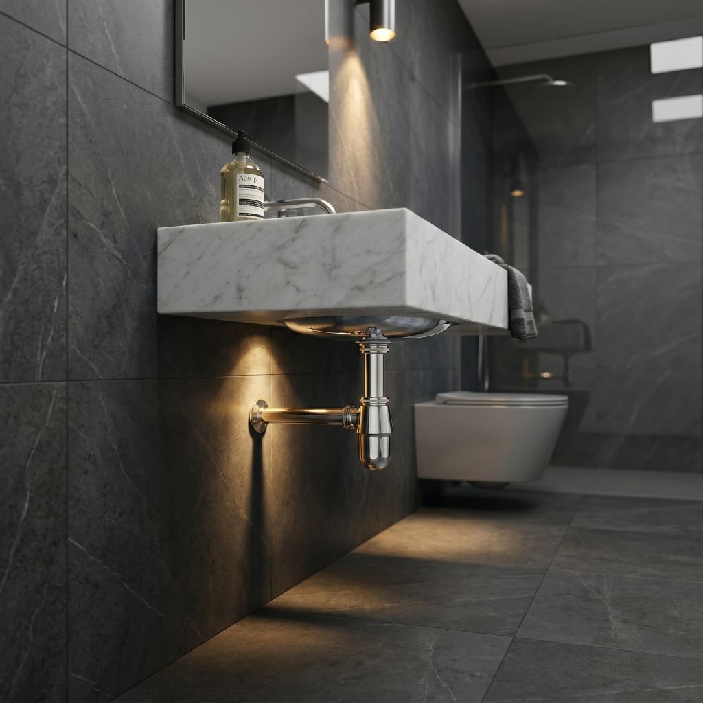 Polished Chrome / Silver: Luxury brass bottle trap in polished chrome finish for bathroom basin plumbing, MHT PAK Pakistan.