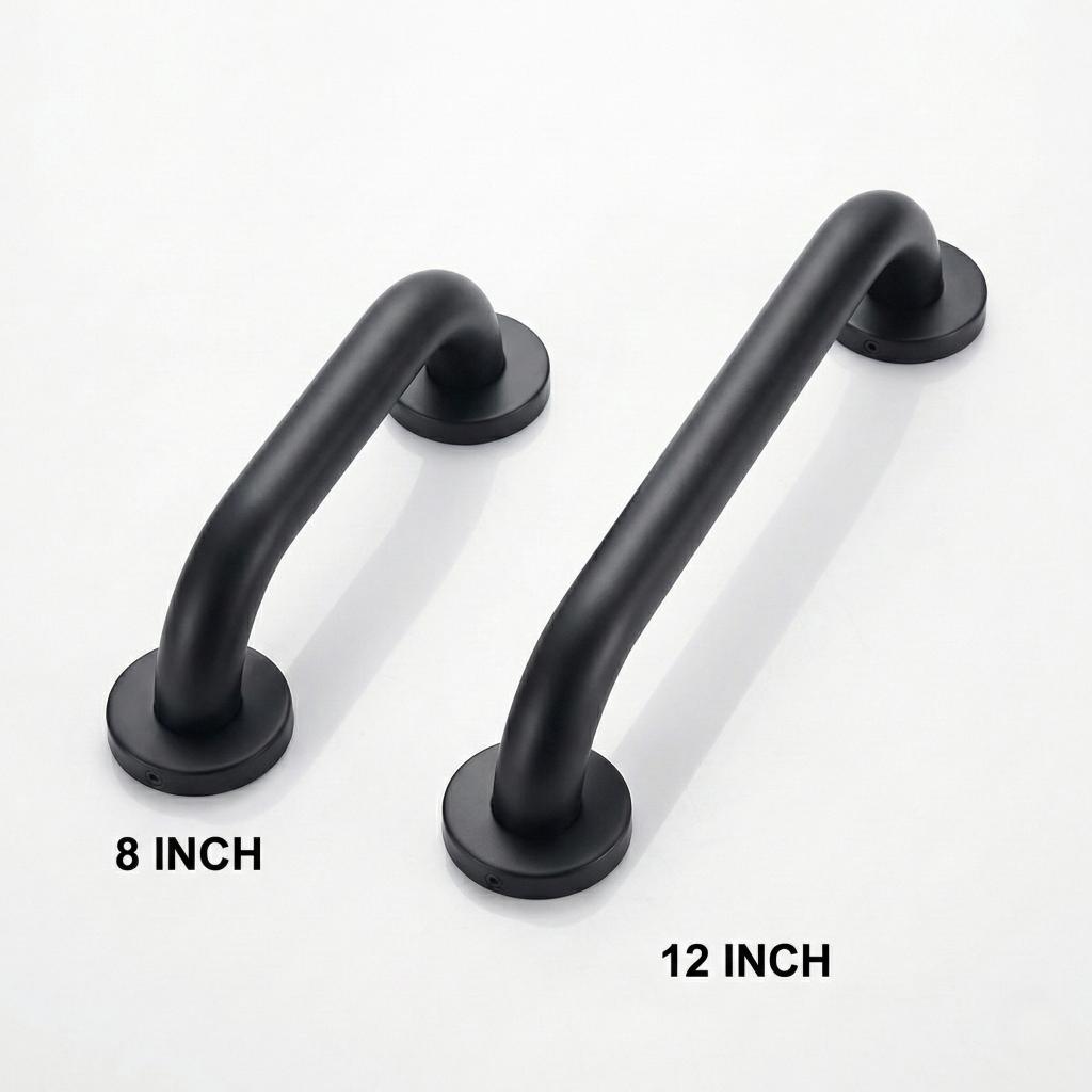 Modern matte black safety grab bar, secure wall-mounted balance handle for shower, MHT PAK.