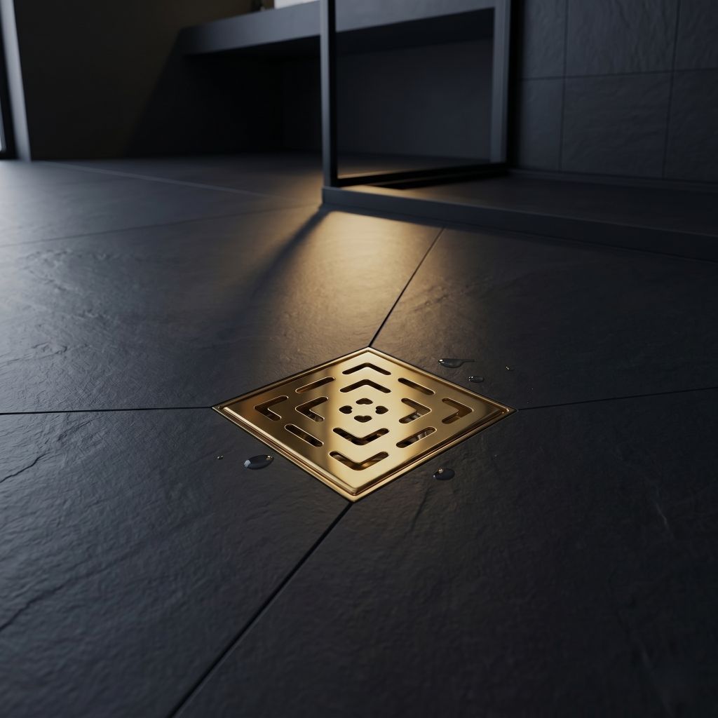 Gold Chrome: Luxury gold chrome 6x6 floor drain with proper joint for elegant bathroom shower design, MHT PAK.