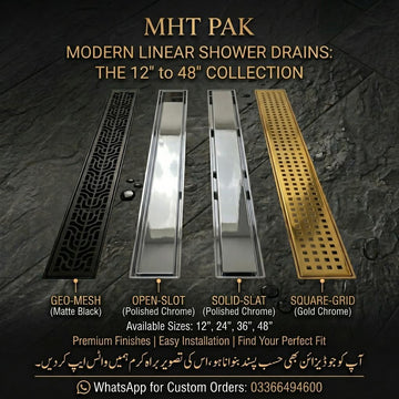 custom linear shower drains, premium Matte Black linear drain, luxury Polished Chrome shower waste, Gold Chrome Square-Grid custom drain, MHT PAK luxury bathroom floor wastes, 12" to 48" custom linear drains, MHT PAK modern shower drain collection, custom size luxury bathroom drains, premium linear floor wastes by MHT, designer shower drain collection PAK, Matte Black Geo-Mesh shower drain, Polished Chrome Open-Slot linear drain, Solid-Slat Polished Chrome floor waste, Gold Chrome custom grid drain.