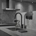 Black Matte: Modern matte black top-mounted kitchen mixer tap, sleek deck-mounted sink faucet, MHT PAK.