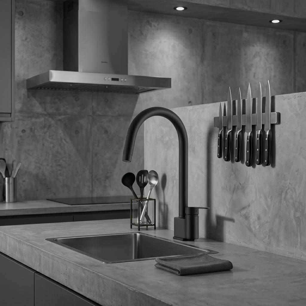 Black Matte: Modern matte black top-mounted kitchen mixer tap, sleek deck-mounted sink faucet, MHT PAK.