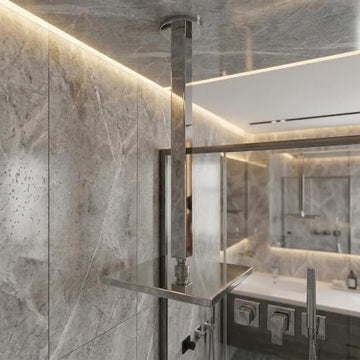 Square SQR wall-mounted shower arm in polished chrome silver finish, MHT PAK.