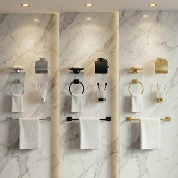Polished Chrome / Silver: Complete modern bathroom accessories set in polished chrome finish, silver hardware set by MHT PAK.